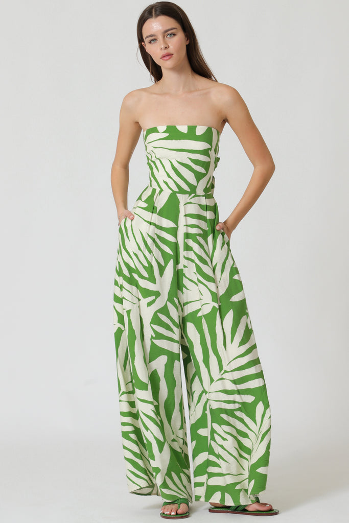 White & Green Palms Strapless Tie Back Wide Leg Jumpsuit