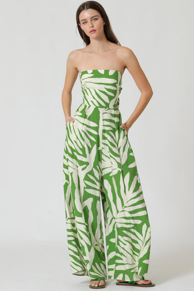 White & Green Palms Strapless Tie Back Wide Leg Jumpsuit