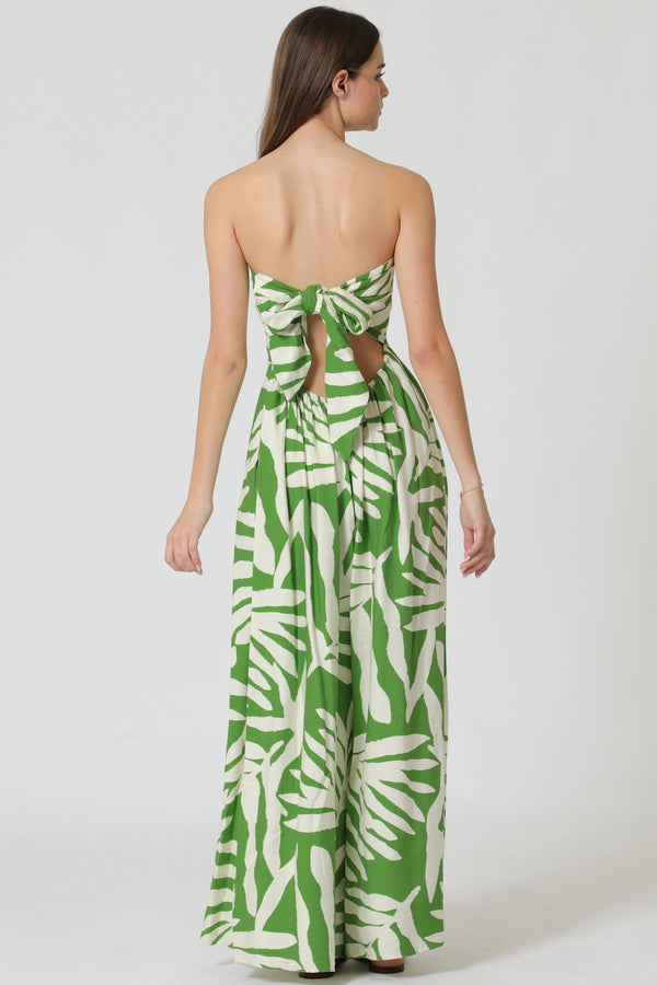 White & Green Palms Strapless Tie Back Wide Leg Jumpsuit