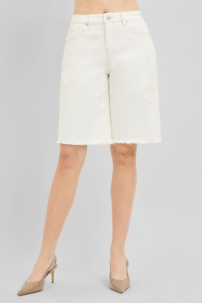 Slouchy Relaxed 3D Floral Cream Bermuda Shorts