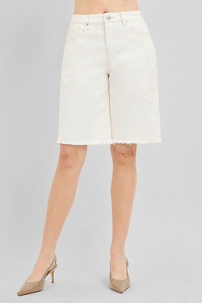 Slouchy Relaxed 3D Floral Cream Bermuda Shorts