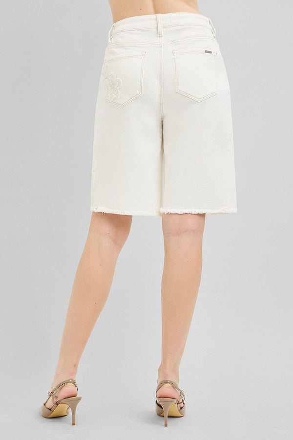Slouchy Relaxed 3D Floral Cream Bermuda Shorts