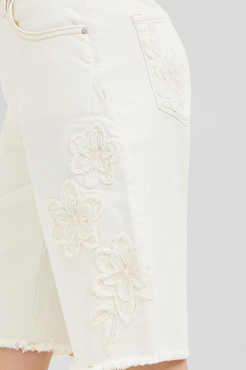 Slouchy Relaxed 3D Floral Cream Bermuda Shorts