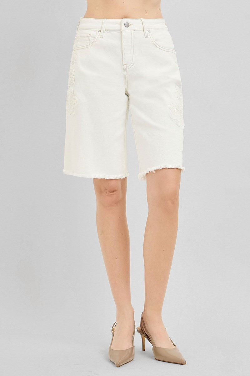 Slouchy Relaxed 3D Floral Cream Bermuda Shorts