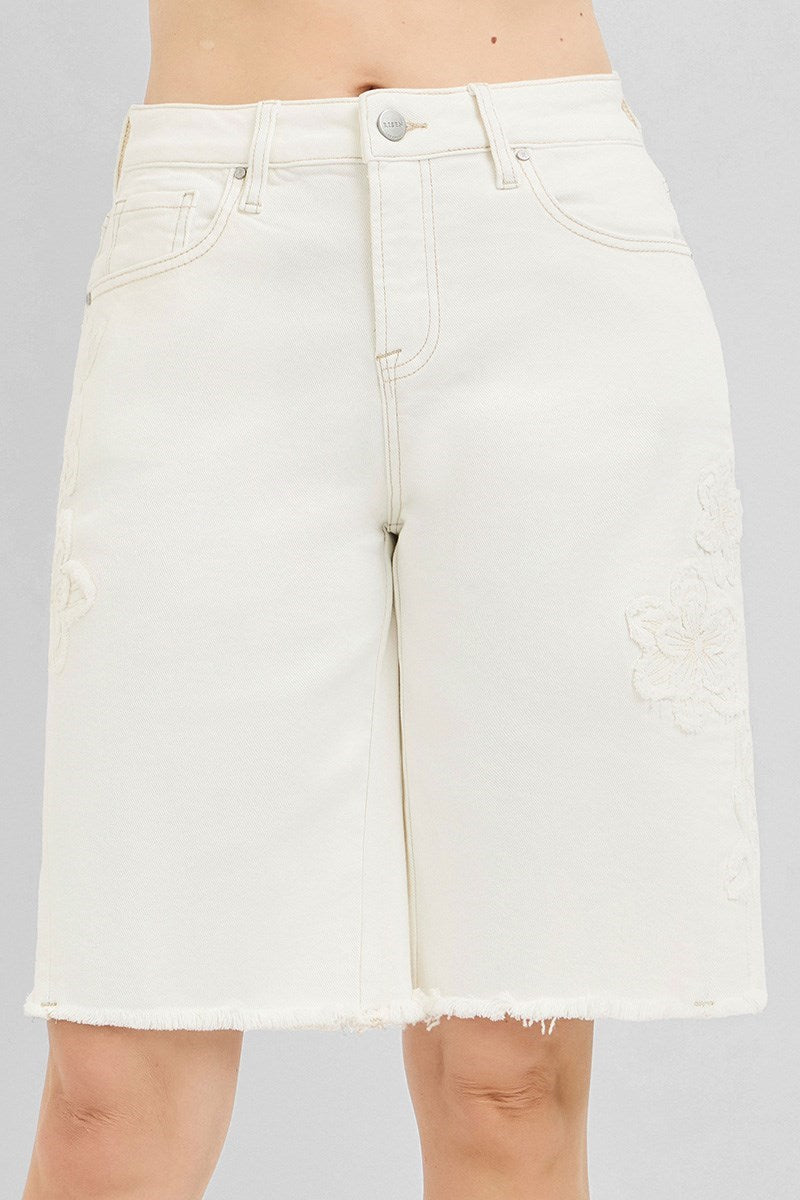 Slouchy Relaxed 3D Floral Cream Bermuda Shorts