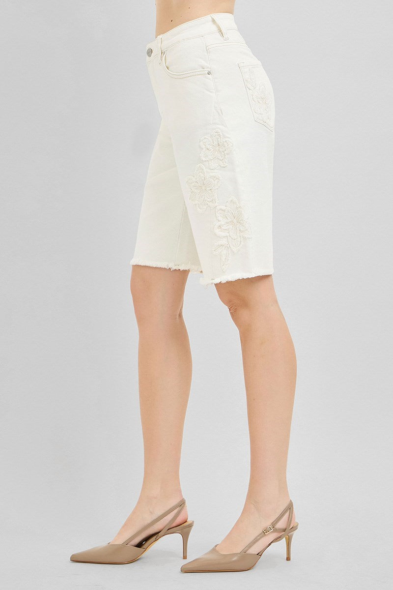 Slouchy Relaxed 3D Floral Cream Bermuda Shorts