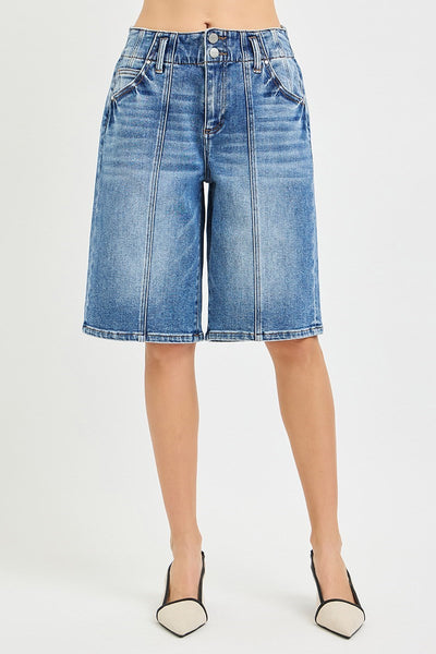 Double Button Inseam Slouchy Bermuda Denim Shorts