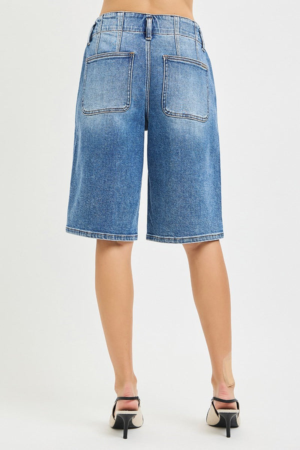 Double Button Inseam Slouchy Bermuda Denim Shorts