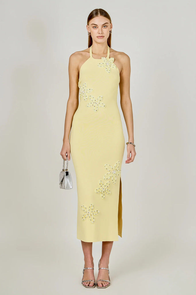 Butter Yellow Flower Detail Halter Maxi Dress