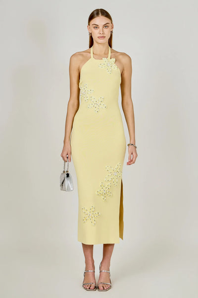 Butter Yellow Flower Detail Halter Maxi Dress