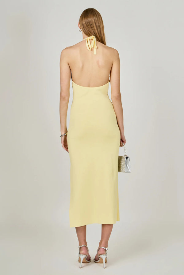 Butter Yellow Flower Detail Halter Maxi Dress