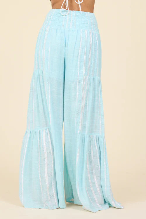 Crystal Blue with Silver Shimmer Stripes Smock Waist Wide Leg Pant