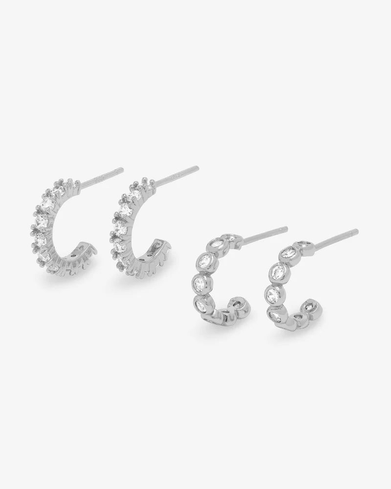 They're So Cute Huggie Hoop Set: Silver plated earrings with simulated diamonds, perfect for summer collection boutique and new arrivals.
