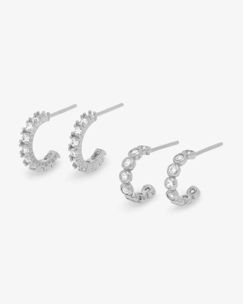 They're So Cute Huggie Hoop Set: Silver plated earrings with simulated diamonds, perfect for summer collection boutique and new arrivals.