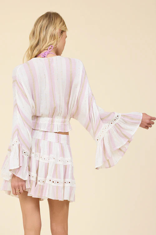 Pink Dust Shimmer Gold Stripe Tie Front Blouse