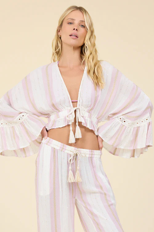 Pink Dust Shimmer Gold Stripe Tie Front Blouse
