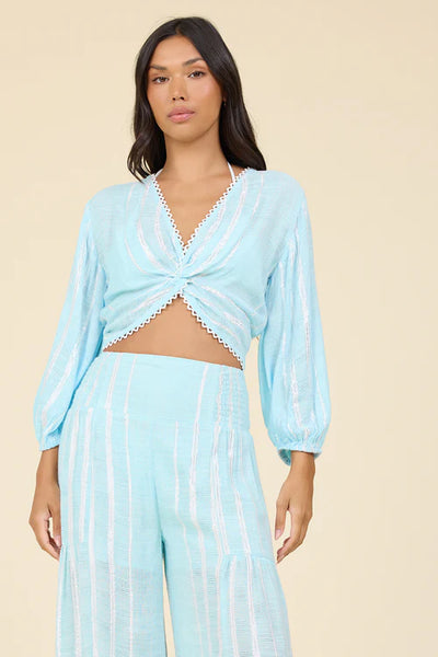 Crystal Blue with Silver Shimmer Stripes Tie Front Top