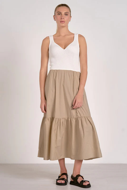 Rhodes tank knit top mix media skirt maxi dress, stylish women's boutique clothing for resort wear and summer collection.