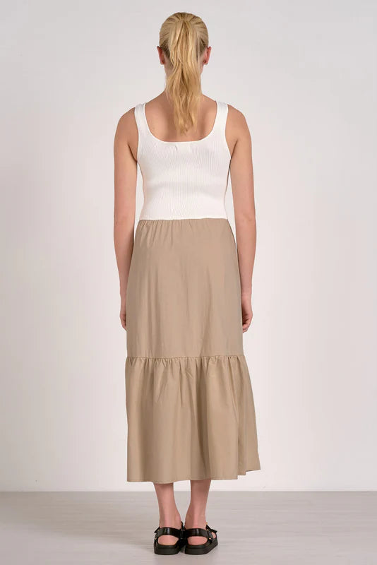 Women's maxi dress featuring a knit tank top and tiered cotton skirt, perfect for summer resort wear and boutique style.