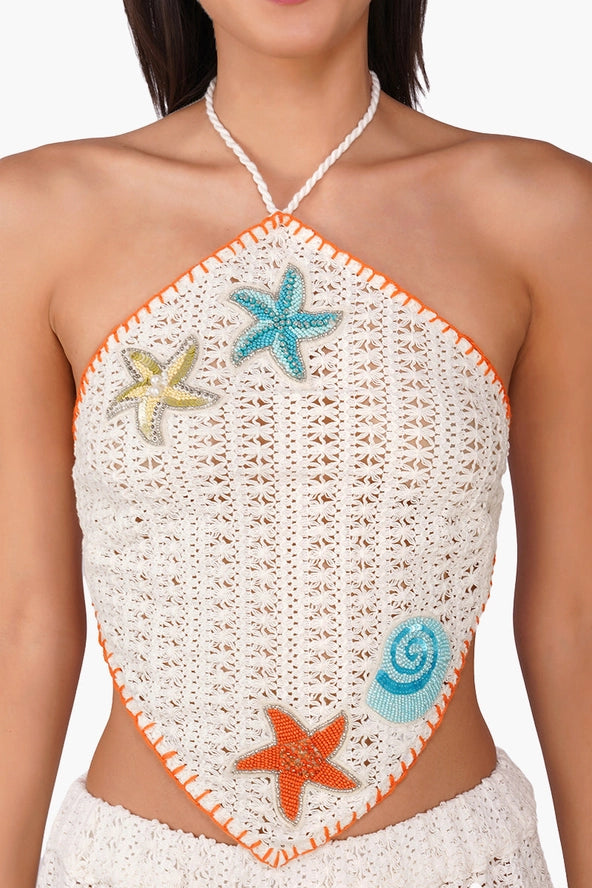 Coastal Patch Crochet Embellished Hanky Top