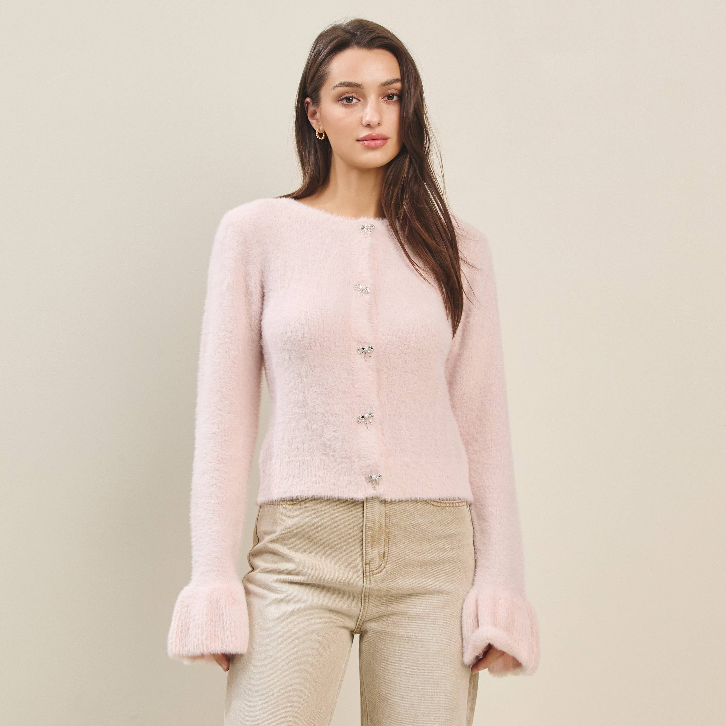 Rhinestone bow button fuzzy cardigan for women, perfect for boutique sale and summer collection, new arrivals in exclusive fashion.