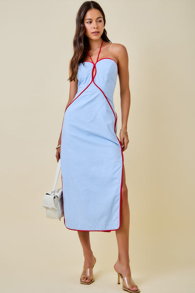 Sailor's Kiss Red Piping  Blue Midi Dress