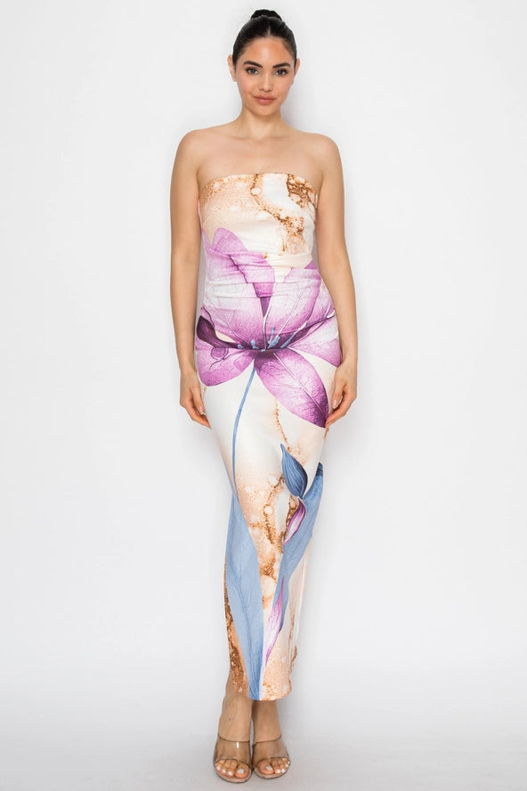 Floral Print Taupe Strapless Midi Dress