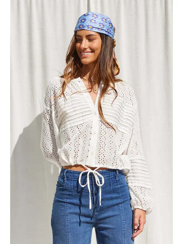 White Eyelet Drawstring Top