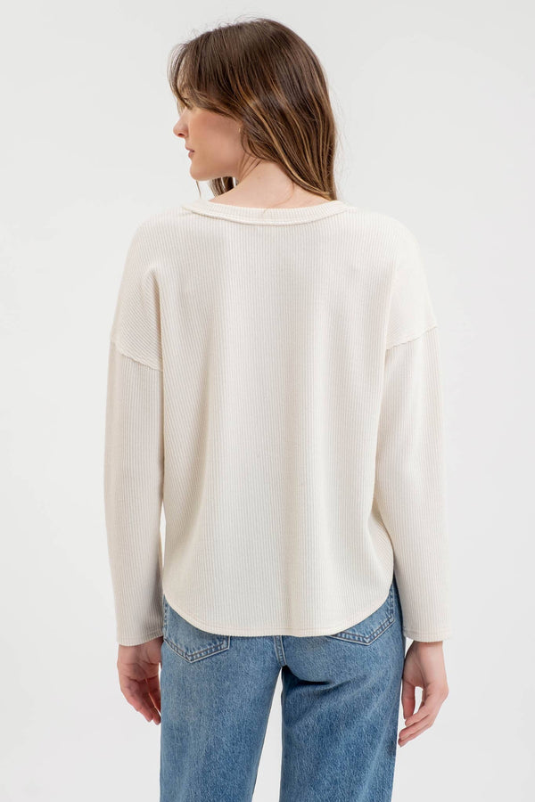 Cream Half Button V Neck Long Sleeve Knit Top