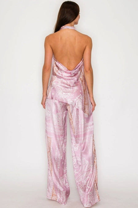 Pink Paisley Halter Top & Wide-Leg Pants Set
