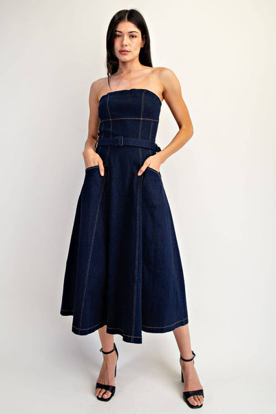 Strapless belted denim midi dress with pockets, perfect for summer collection boutique and exclusive women's fashion.