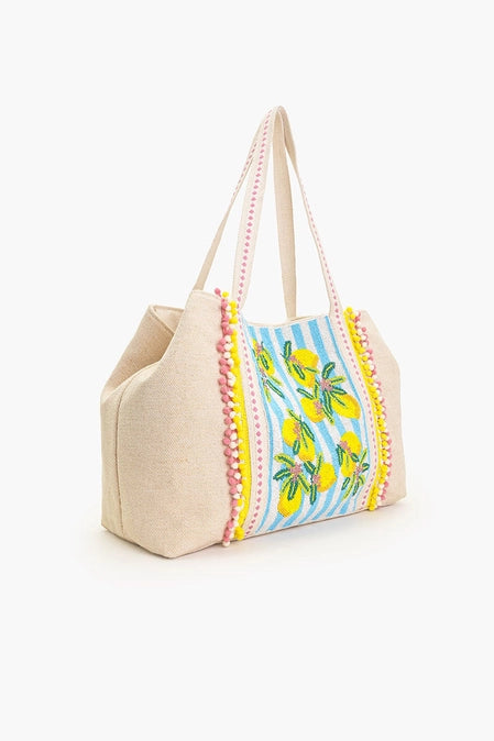 Lemon Beach Beaded Pom pom Tote