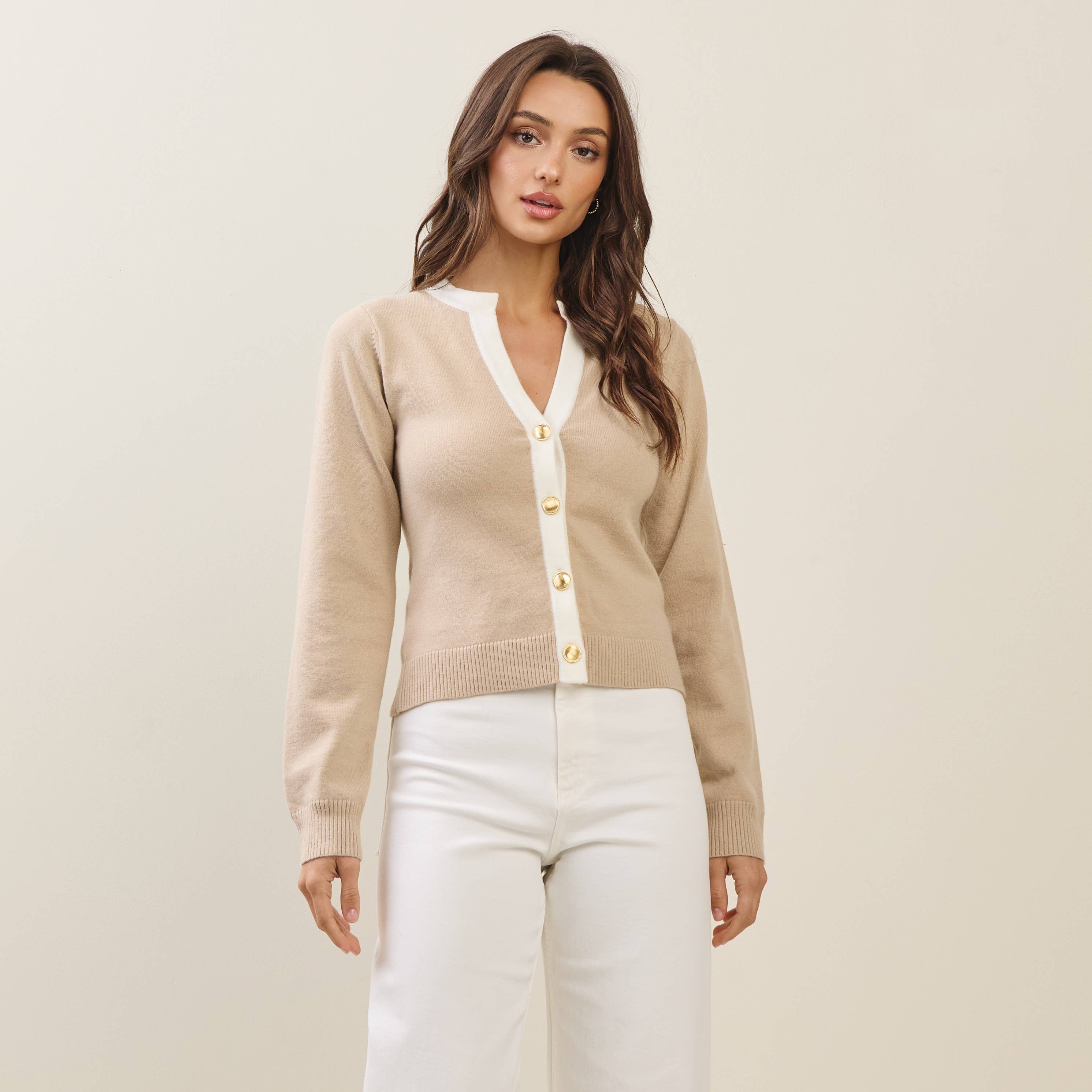 Contrast taupe and white cardigan with gold buttons, perfect for women's boutique clothing and summer collection fashion.