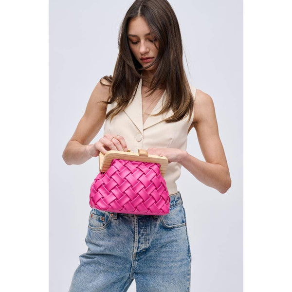 Matilda Woven Clutch in Hot Pink, a designer handbag featuring vegan leather and a stylish wooden frame, perfect for summer outfits.