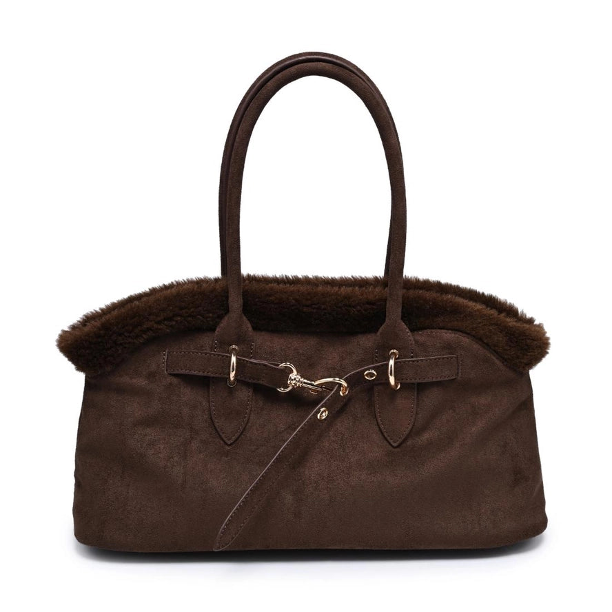 Tommy Satchel - plush-trimmed suede-look tote with polished hardware