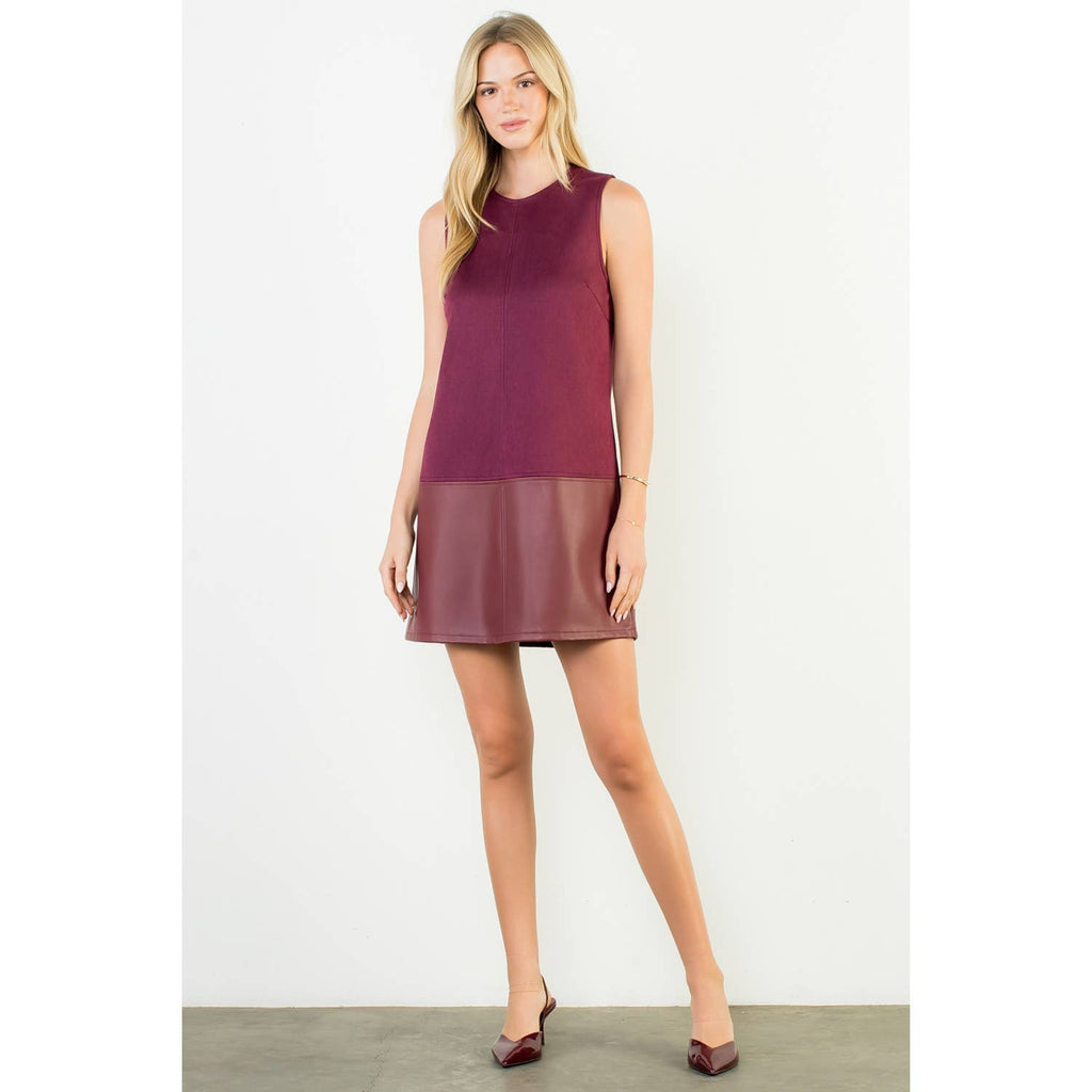 Wine Sleeveless Suede Feel w/Bottom PU Leather Mini Dress
