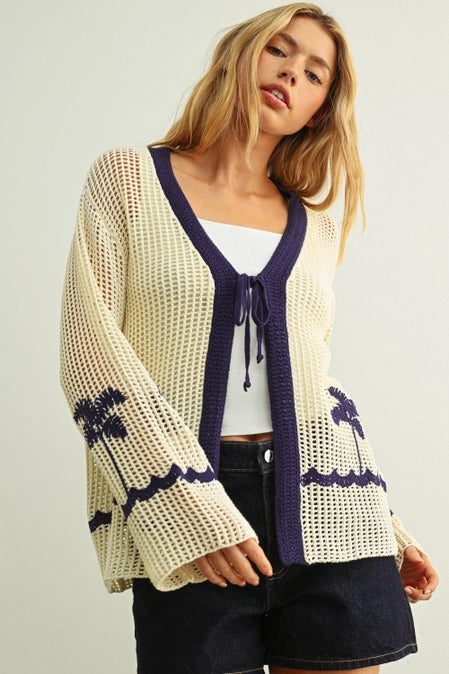 Crochet Knit with Palms Tie Front Long Sleeve Cardigan