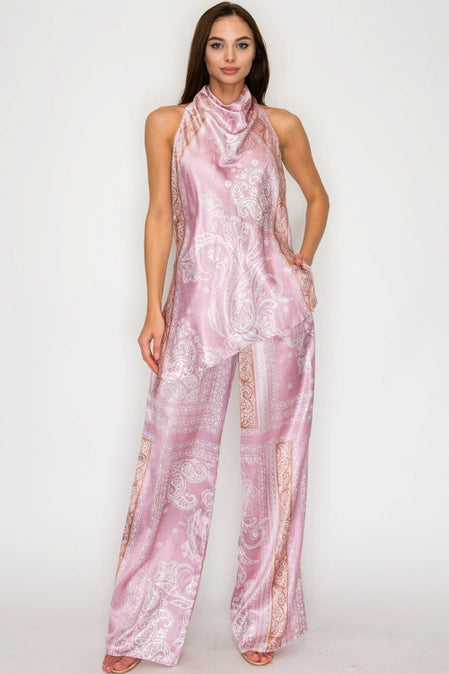 Pink Paisley Halter Top & Wide-Leg Pants Set
