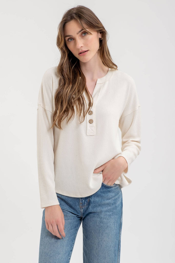 Cream Half Button V Neck Long Sleeve Knit Top