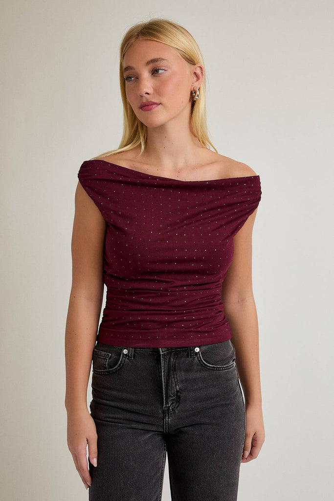 Off the Shoulder Top with Rhinestones Burgundy