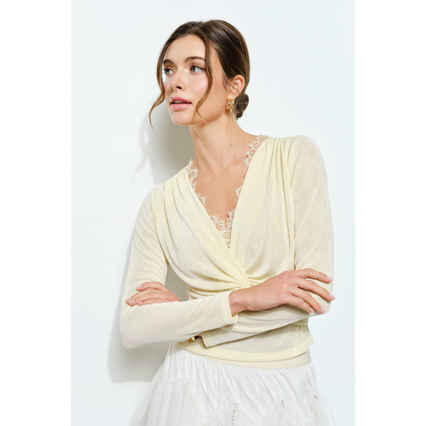 Butter yellow velvet twist-front long sleeve top, women's boutique clothing, perfect for summer collection or resort wear.