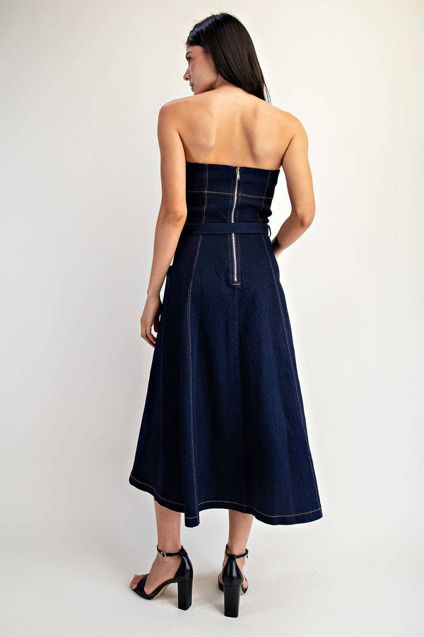 Back view of a strapless belted denim midi dress. Perfect for summer collection boutique and women's boutique clothing.
