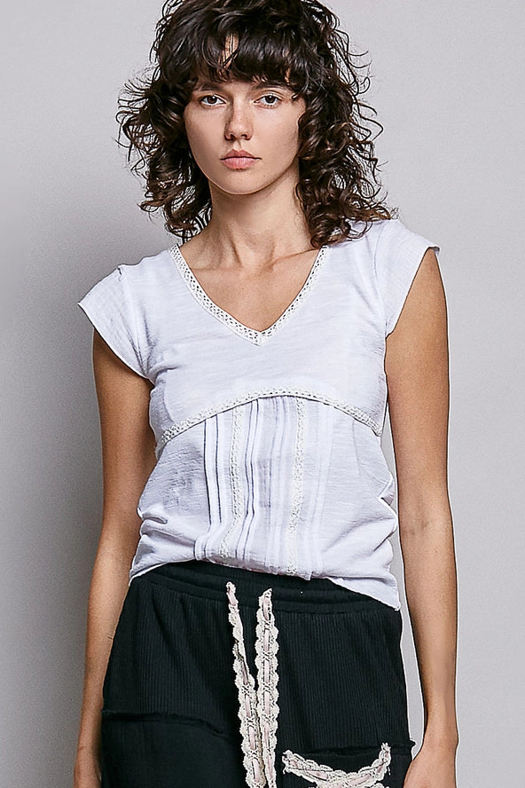 Ivory Crochet Trim Pintuck V-Neck Top