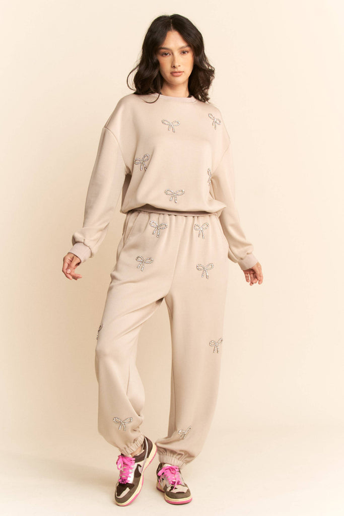 Rhinestone Bows Soft Knit Top & Bottom Set