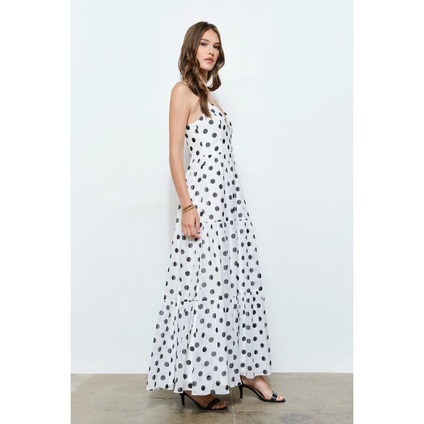 Gold Metal Accent Polka Dot Tiered Maxi Dress