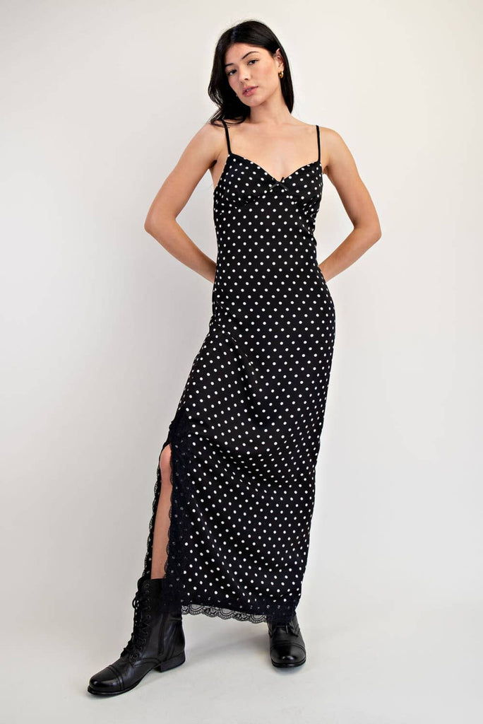 Navy and white polka dot midi dress with lace trim, perfect for women's boutique clothing and resort wear dresses.
