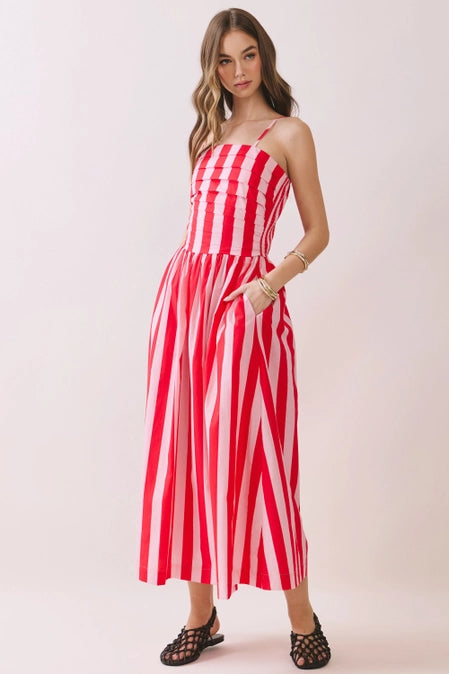 Red & Blush Striped Midi Dress