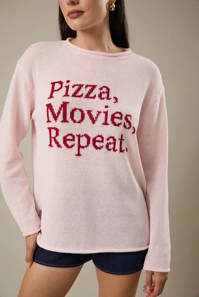 Roll Up Neck "Pizza, Movies, Repeat" Sweater