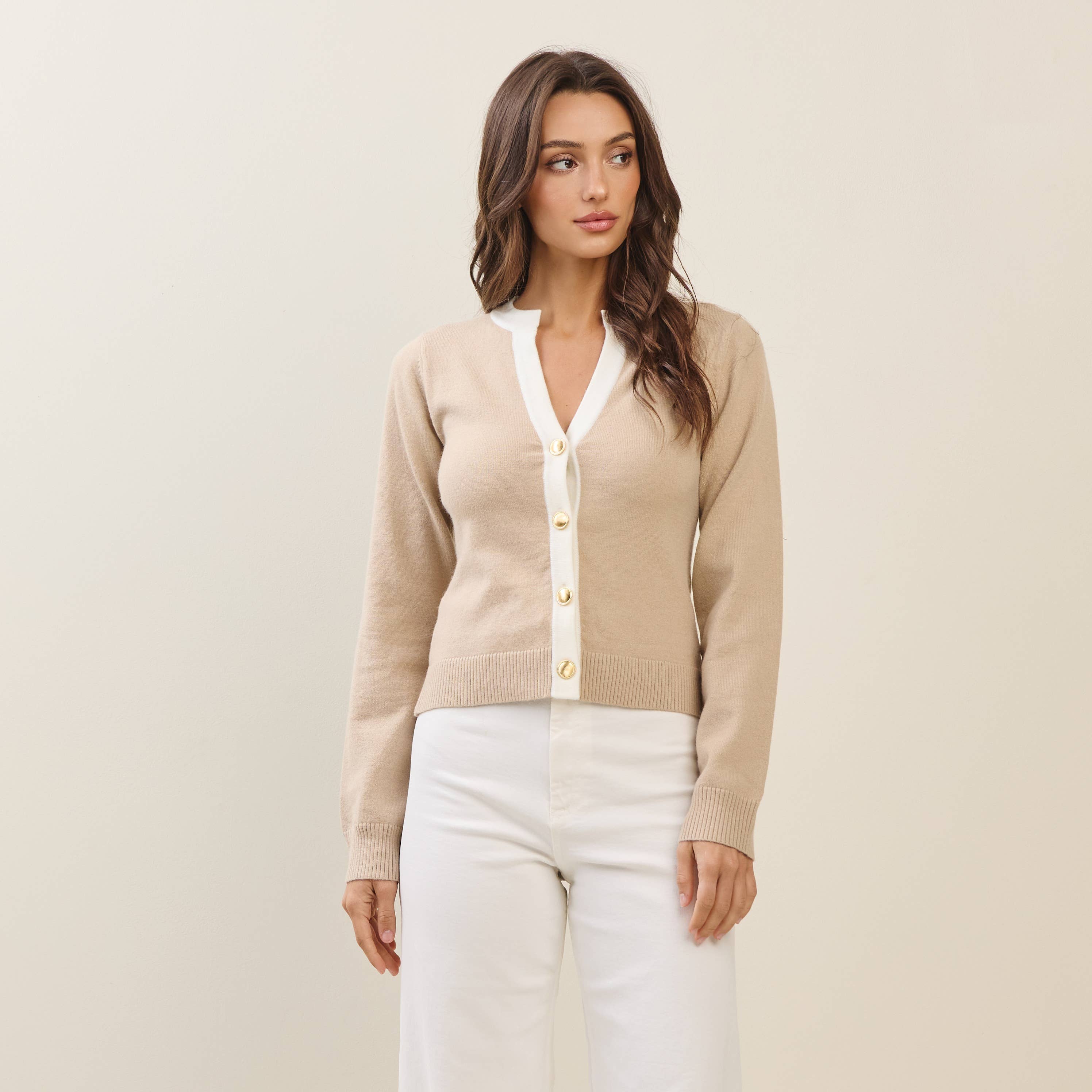 Contrast taupe and white cardigan with gold buttons, stylish addition to women's boutique clothing and summer collection.