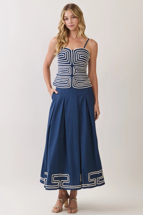Embroidered Corset Cami Top with Border Pleated Maxi Skirt